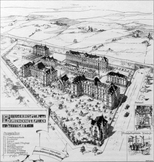 Eine alte Karte einer Stadt mit zahlreichen Gebäuden, Bäumen und Text, dargestellt in Schwarz-Weiß.