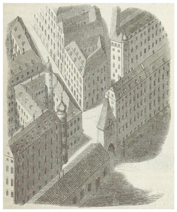 Ein altes Stadtbild mit zahlreichen Gebäuden in verschiedenen Architekturstilen, begleitet von Text unten.