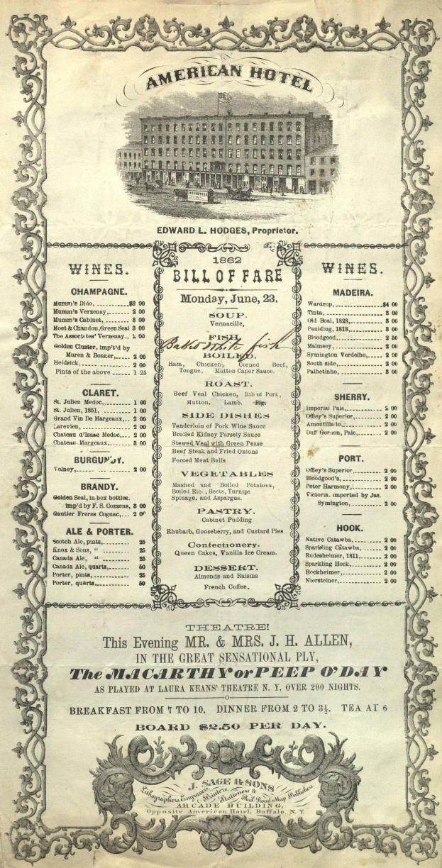 Altes Buch mit dem Titel "American Hotel Bill of Fare von 1862", das eine Abbildung eines Gebäudes zeigt, mit Text zu den Angeboten des Restaurants.
