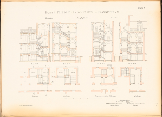 Altes Buch mit einem detaillierten architektonischen Zeichnung des Kaiser Friedrichs Gymnasiums in Frankfurt, Deutschland, einschließlich Räumen und Merkmalen.