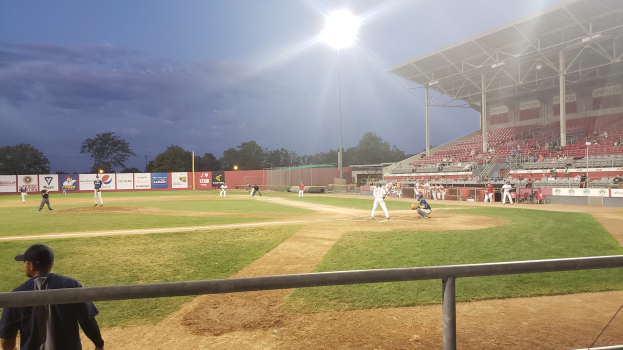Baseballspiel in einem Stadion mit Zuschauern in den Rängen, einem Geländer unten und Hintergrundelementen wie Bäumen, Polen, Lichtern, Werbetafeln und einem klaren blauen Himmel.