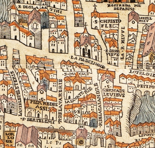 Alte Stadtkarte mit detaillierten Straßen, Gebäuden und Sehenswürdigkeiten, mit dekorativem Text im Vintage-Stil.