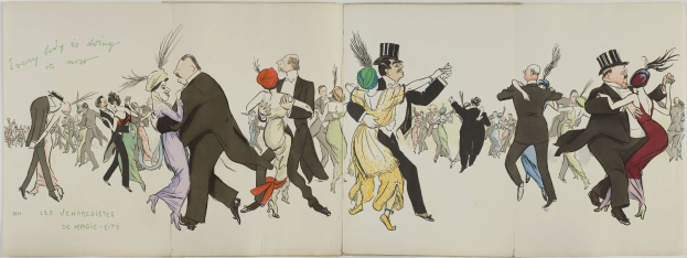 Offenes Buch mit einer farbenfrohen Illustration von Menschen, die unter einem hellblauen Himmel tanzen, betitelt "Les Vendredières de Magic City."