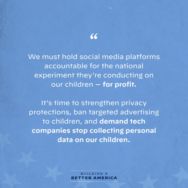 Plakat mit einem Zitat aus "Building a Better America", das besagt, dass soziale Medien-Plattformen für den Schaden, den sie an Kindern verursachen, zur Verantwortung gezogen werden sollten, verziert mit Sternen.