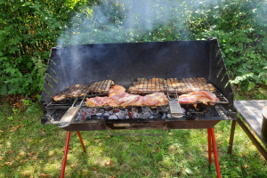 Grill mit gegrilltem Fleisch auf der Wiese, umgeben von Bäumen und einem Tisch mit einer Schüssel und Gegenständen auf der rechten Seite.