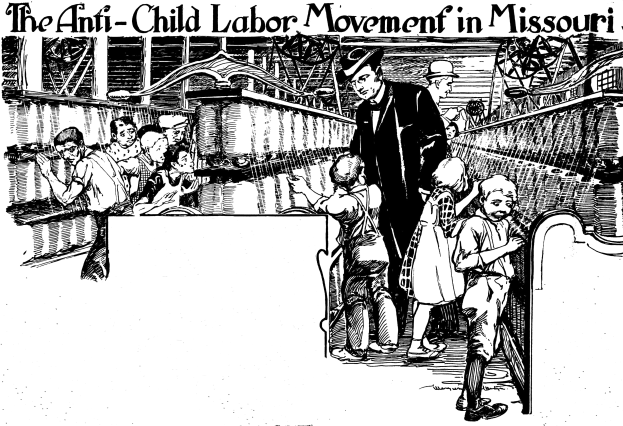 Plakat für die Anti-Kinderarbeit-Bewegung in Missouri, das eine Gruppe von Menschen in traditioneller Kleidung zeigt, mit Text oben und unten.