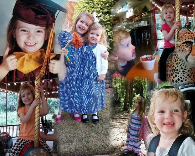 Collage mit lustigen Fahrgeschäften, Kindern, einem Tisch mit Lebensmitteln und Besteck, Lichtern, Blattwerk, einem Seil und einem Hut.