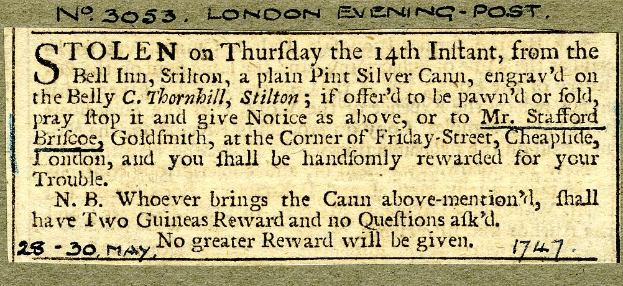 Schwarze und weiße Postkarte mit einem Männergesicht und Text über einen gestohlenen Silber-Bierhumpen.