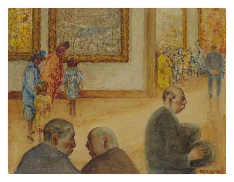 Gemälde 'Die Ausstellung im Museum der Schönen Künste' von Édouard Manet zeigt formell gekleidete Menschen in einem Raum voller Kunstwerke in gedämpften Erdtönen.