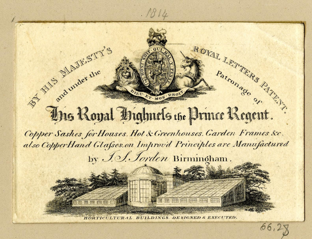 Alte Visitenkarte mit 'The Royal Highmills of the Prince Regent' und einem Gebäude- und Baumbild sowie einem Logo.