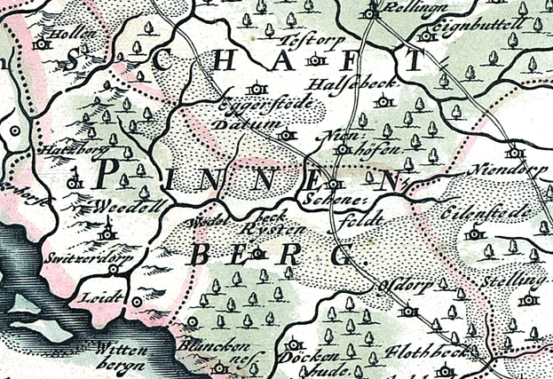 Detailiertes altes Stadtplan von Painen, Deutschland, zeigt Straßen, Gebäude, Sehenswürdigkeiten und Text mit zusätzlichen Stadtinformationen.