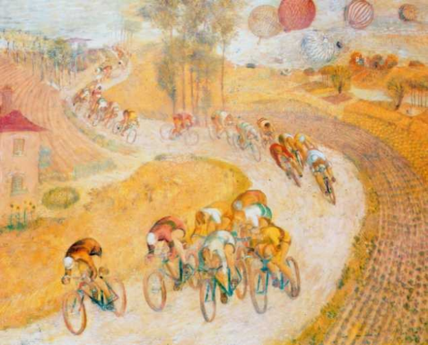 Gemälde mit dem Titel "Die Tour de France" von Paul Cézanne, das eine Gruppe von Menschen auf Fahrrädern auf einem Schotterweg mit Bäumen und einem Haus auf der linken Seite zeigt.