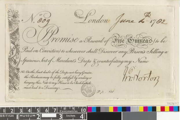 Schwarz-weißes Dokument mit handgeschriebenem Text, amtlichem Stempel und Farbskalen unten, das eine Belohnung von fünf Emiraten für die Meldung von gefälschten Mardant's Tropfen anbietet.