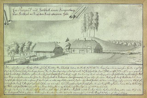 Ein altes Dokument mit einer Zeichnung eines Bauernhofs in einem Feld, umgeben von Häusern, Bäumen und einem Himmel, mit der Aufschrift "Surgensburg, Deutschland - Landschaft eines Bauernhofs".