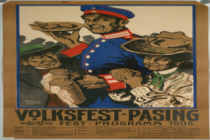 Ein Plakat für das Volksfest-Pasing-Festival 1908, das einen Mann in rot-weiß gestreiftem Hemd und eine Frau in einem blauen Kleid in traditioneller deutscher Kleidung zeigt, mit schwarzer Schrift auf einem hellgelben Hintergrund.