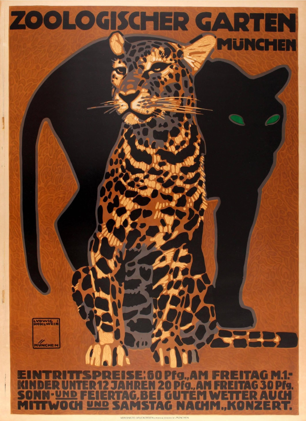 Plakat wirbt für einen Zoo in München, Deutschland, mit einem Bild eines Leoparden und einer Hauskatze und Textinformationen zum Zoo.