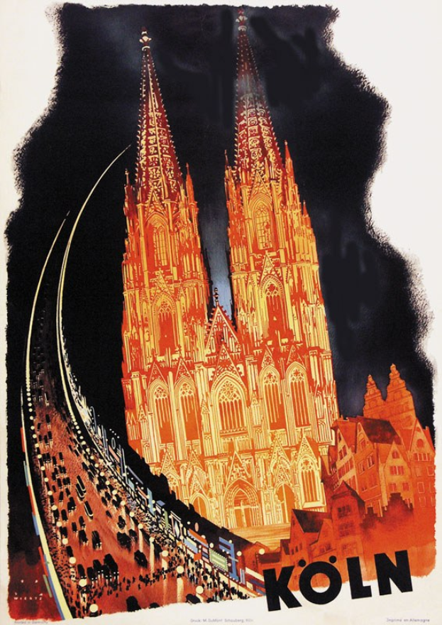 Ein Plakat, das eine Bahnstation in Köln bewirbt, zeigt eine Illustration des Kölner Doms mit seinen markanten Türmen und detaillierten Elementen neben Texten über die Station und ihre Dienstleistungen.