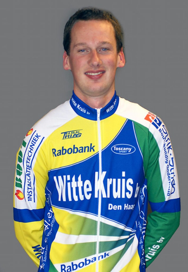 Ein männlicher Athlet posiert für ein Foto, auf dem sein Hemd mehrere Sponsorenlogos trägt.