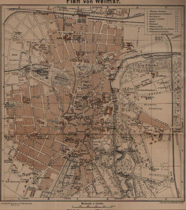 Ein detaillierter alter Stadtplan von Weimar, Deutschland, der Straßen, Gebäude und Sehenswürdigkeiten zeigt, mit Text oben und unten auf dem Papier.