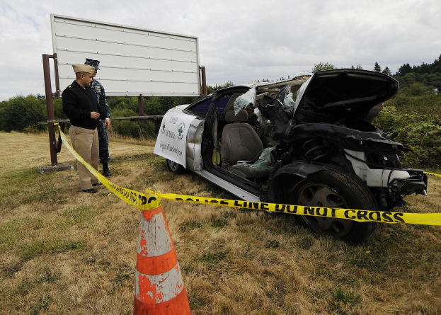 Ein Polizist in Uniform steht neben einem schwer beschädigten Auto am Straßenrand, mit eingedellter Motorhaube und zersplitterten Fenstern, neben einem Verkehrskegel und einem bandagierten Pfahl, mit Bäumen und einem bewölkten Himmel im Hintergrund.