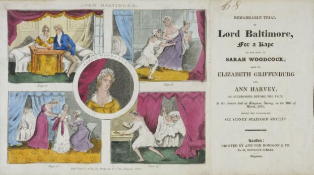 Ein historisches Dokumenten-Illustration Bild zeigt ein Blatt Papier mit Porträts, Vorhängen und Text, das einen juristischen Vorgang darstellt.