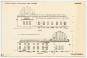 Eine Zeichnung eines Kuppelbaus, identifiziert als das Wiesbaden Museum in Deutschland, auf einem Blatt Papier mit beschreibendem Text.