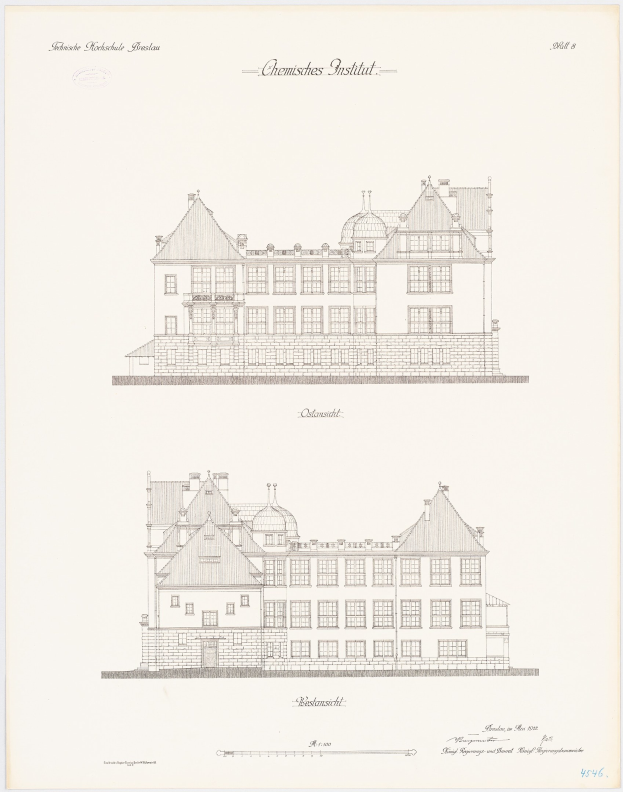 Schwarz-weißer architektonischer Entwurf des Chemistes Institut-Gebäudes in den Niederlanden, mit zahlreichen Fenstern, auf einem Papier mit begleitendem Text.