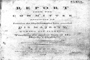 Altes Buch mit dem Titel "Bericht der Kommission, die beauftragt wurde, die Ärzte zu untersuchen, die Seiner Majestät während seiner Krankheit beigestanden haben, bezüglich des perfekten Gesundheitszustandes Seiner Majestät" auf dem Cover.