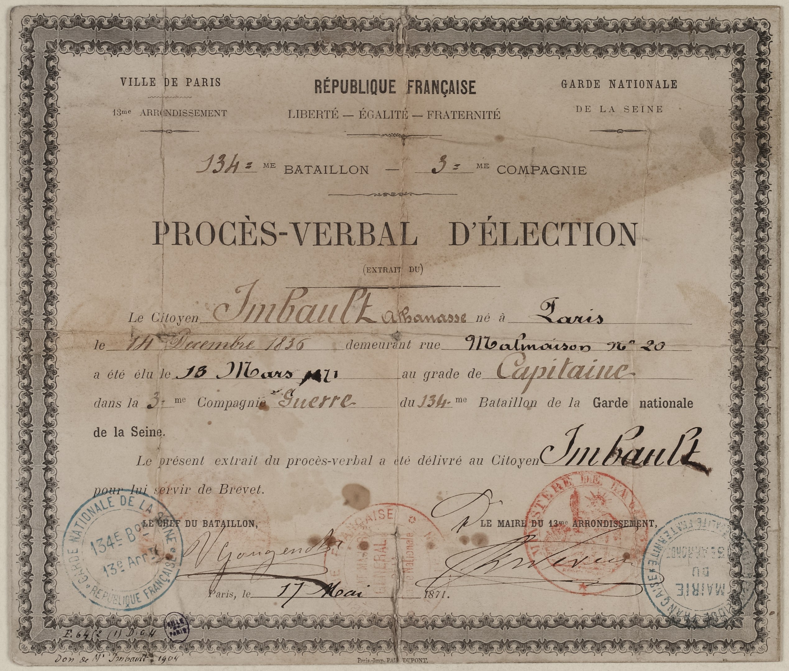 Altes Dokument mit zwei Stempeln, das einem Stimmzettel ähnelt.