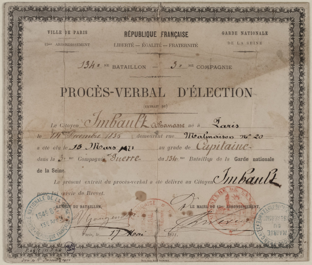 Altes Dokument mit zwei Stempeln, das einem Stimmzettel ähnelt.