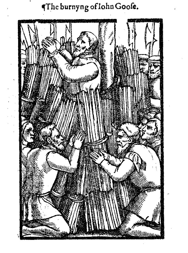 Schwarz-weißes historisches Illustration titled "The Burning of John Goofe," depicting a group of distressed people in front of a burning building.
