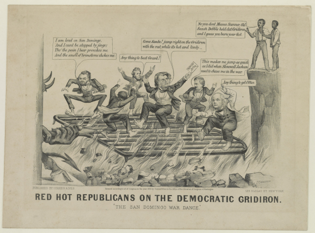 Eine Zeichnung auf Papier zeigt rote Figuren mit der Bezeichnung "Republikaner" auf einem blauen Gridiron, mit übertriebenen wütenden Gesichtsausdrücken und erhobenen Armen, begleitet von fetter schwarzer Schrift.
