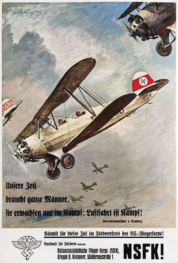 Ein deutscher Weltkriegspropagandaplakat mit einer Gruppe von Kampfflugzeugen in der Luft, mit Text, der die Flugzeuge und ihre Fähigkeiten beschreibt.
