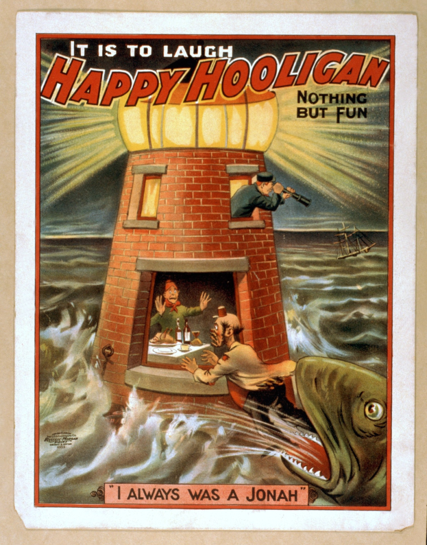 Ein Plakat mit einem Leuchtturm, umgeben von Menschen, einem Fisch und Wasser, mit der Aufschrift "Es ist zum Lachen, glücklicher Rowdy, nichts als Spaß" oben und unten.