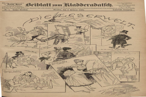 Eine alte deutsche Zeitung mit einer Karikatur eines verzweifelten Mannes in Zylinder und einer Frau in einem Kleid, die auf Text und Zahlen stehen.