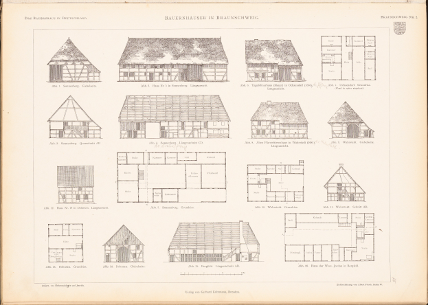 Ein offenes altes Buch zeigt Architekturhauspläne und Zeichnungen auf seinen Seiten, begleitet von beschreibendem Text.