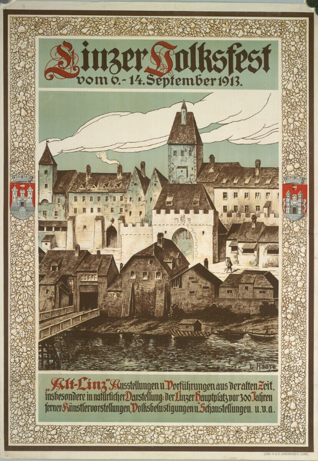 Alter deutscher Festplakat mit einer Burg und Häusern-Illustration, begleitet von Text.
