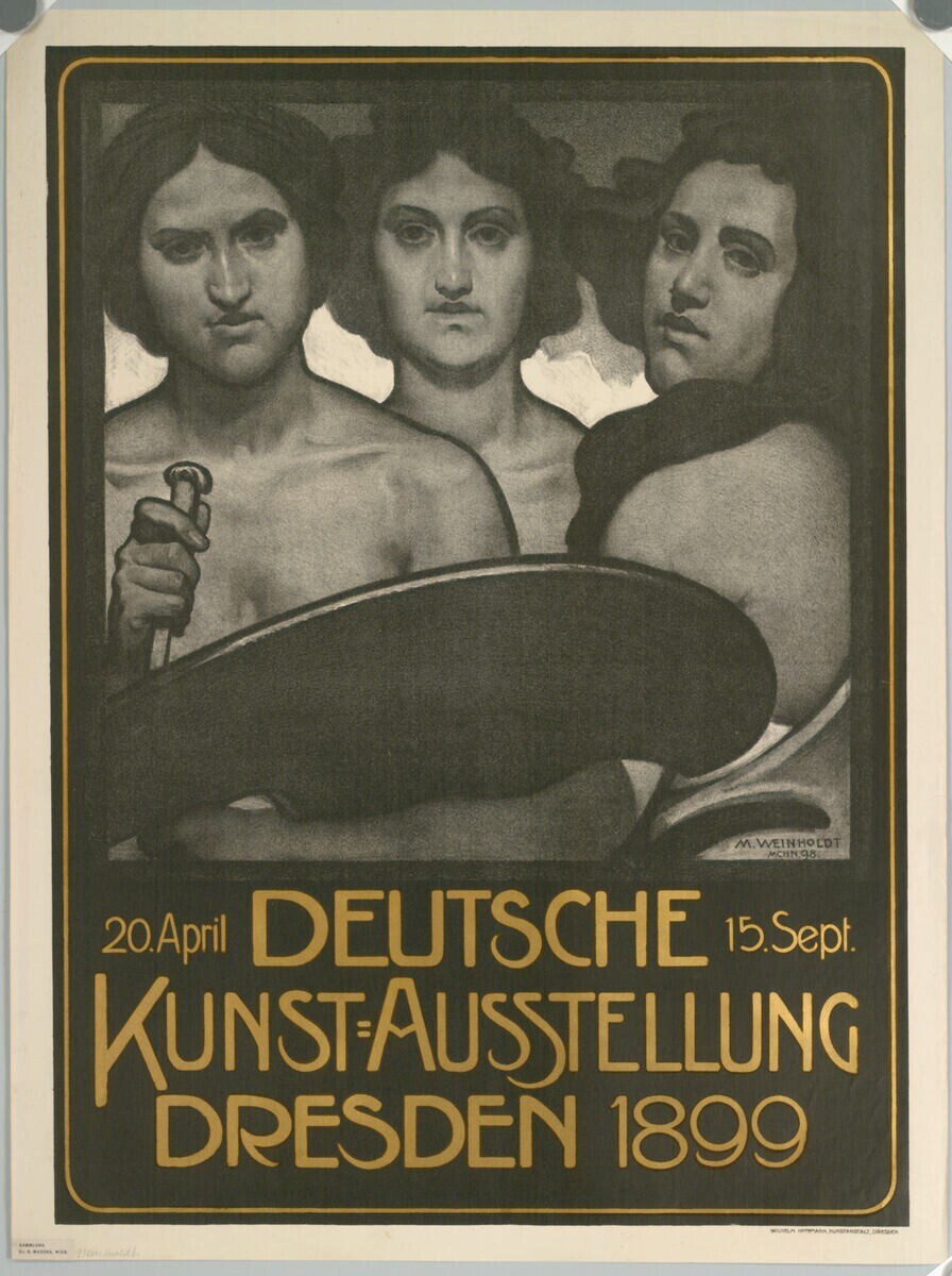 Plakat für eine deutsche Ausstellung in Dresden im Jahr 1899 mit drei Personen, eine hält ein Objekt, mit Text.