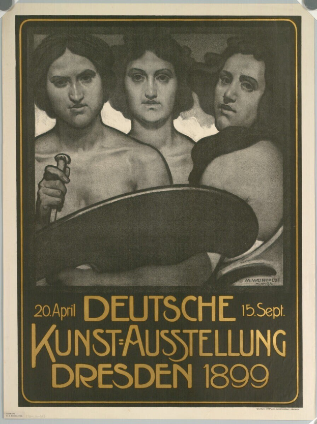 Plakat für eine deutsche Ausstellung in Dresden im Jahr 1899 mit drei Personen, eine hält ein Objekt, mit Text.
