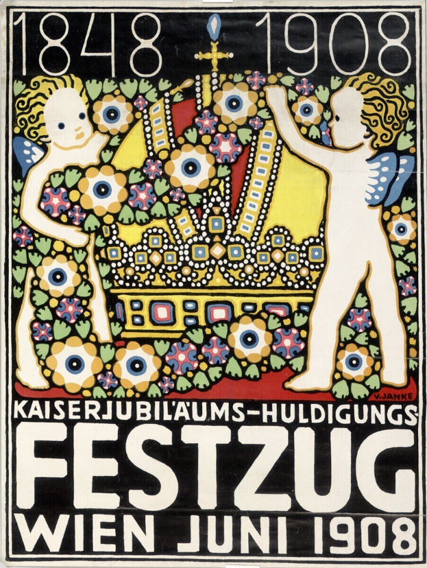 Plakat für ein Wiener Festival mit einem Gemälde von zwei Kindern, die eng beieinanderstehen, und Text.