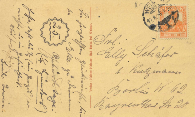 Brief an eine deutsche Postfiliale in Berlin mit einer Briefmarke, mit dem Text "Weimar, Bad Bertha, Bad Bad Berlin."
