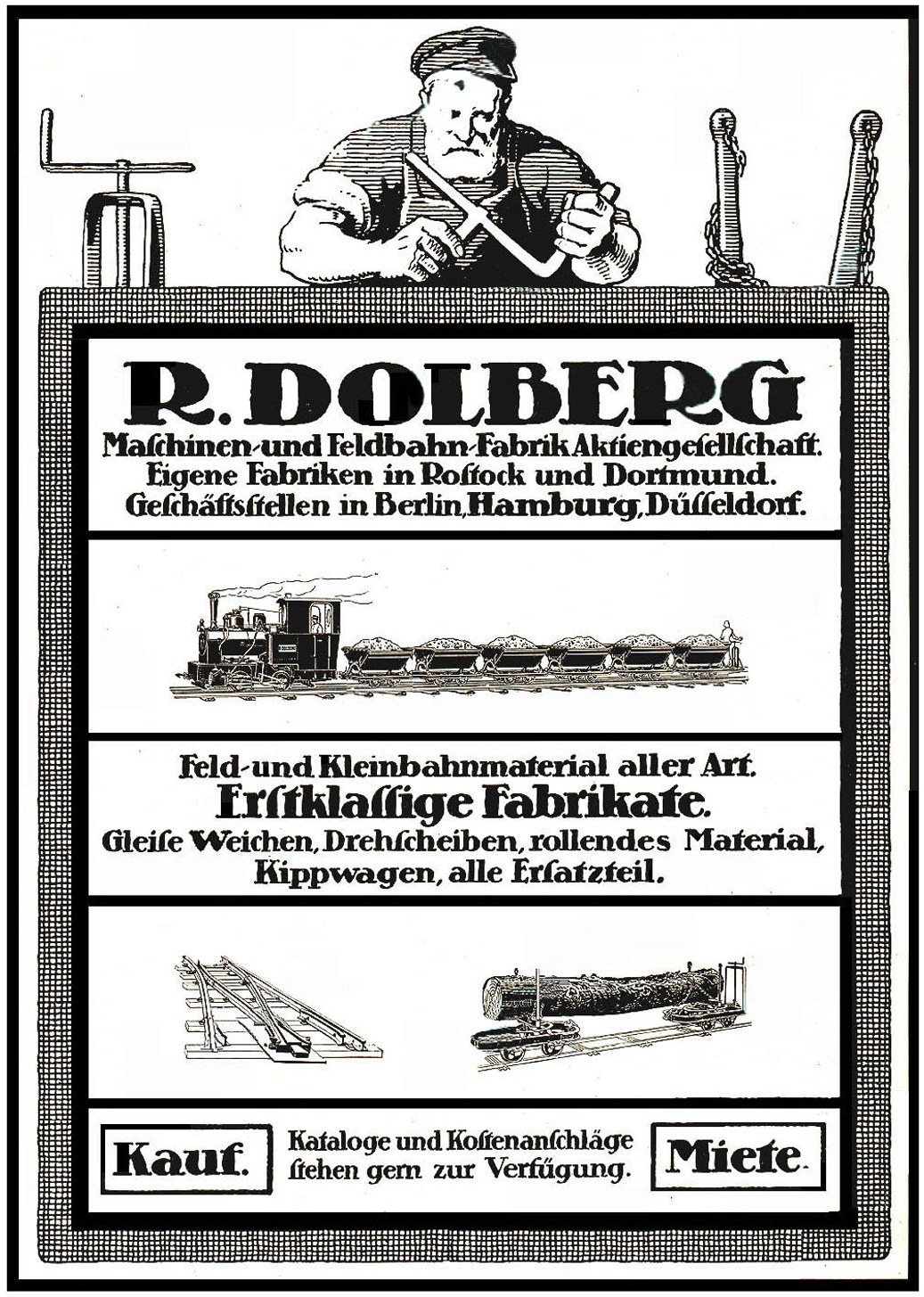 Werbeposter für die Fabrik von R.D. Dolberg in Hamburg, Deutschland, das Text und Bilder einer Person, eines Zugs und anderer Gegenstände zeigt.