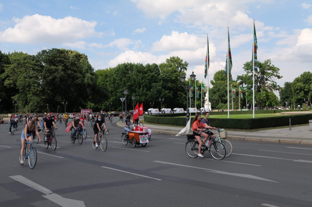 Menschen auf Fahrrädern auf einer von Bäumen gesäumten Straße während der Pariser Fahrradfahrt 2016, mit Laternenmasten, Fahnen, Fahrzeugen und bewölktem Himmel im Hintergrund.