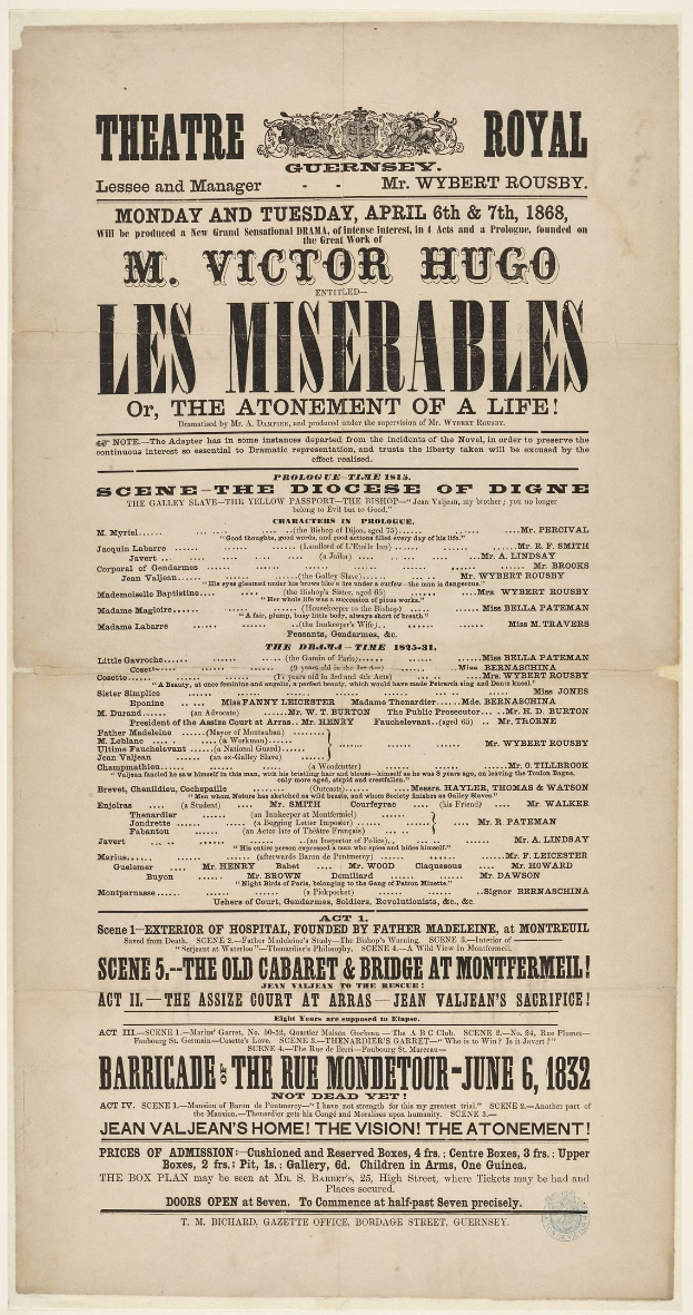 Schwarze und weiße Zeitungsanzeige für das Theatre Royal, London, wahrscheinlich beworben die Show *Les Misérables*.