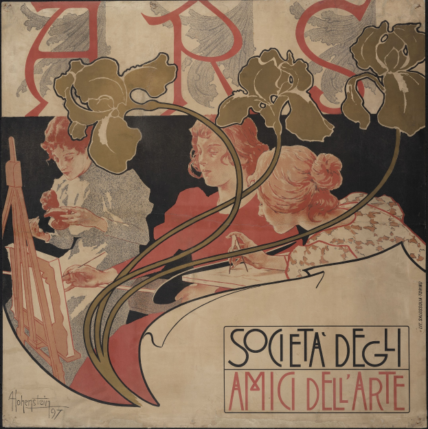 Plakat für die Gesellschaft für Kunst von Alphonse Mucha, das drei stilisierte Figuren in verschiedenen Farben vor einem hellgelben Hintergrund mit fetter schwarzer Schrift zeigt.