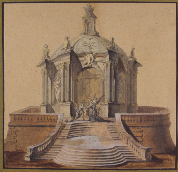 Ein gerahmtes Zeichnung eines klassische Brunnen mit einer Statue darauf, umgeben von Stufen und zusätzlichen Skulpturen.